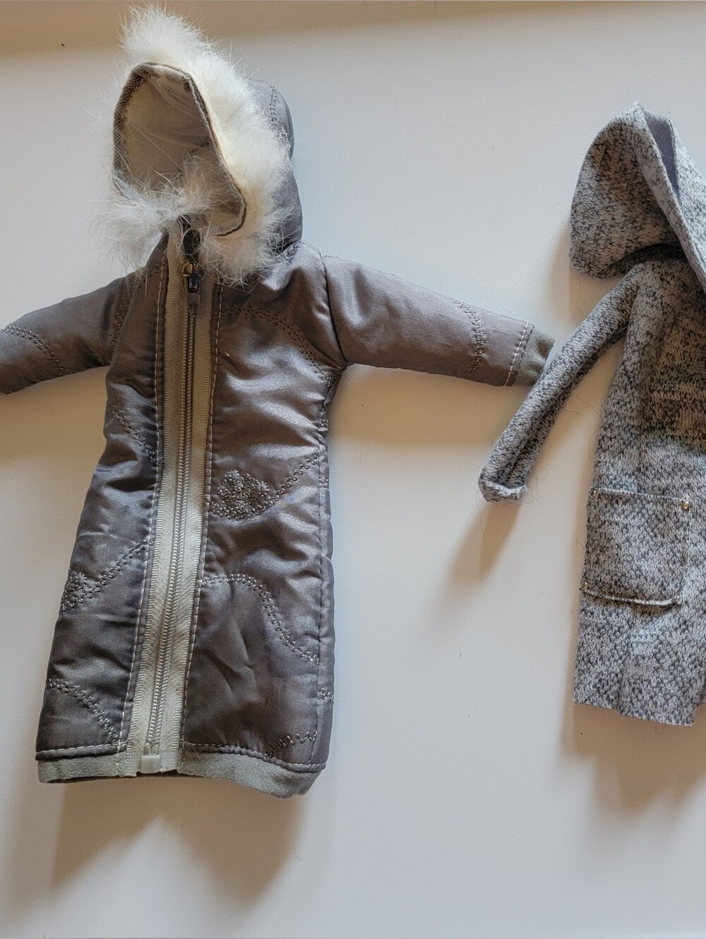 Doll Winter Coat Bundle — Grey Faux-Fur Hooded Puffer + Grey Knit Coat